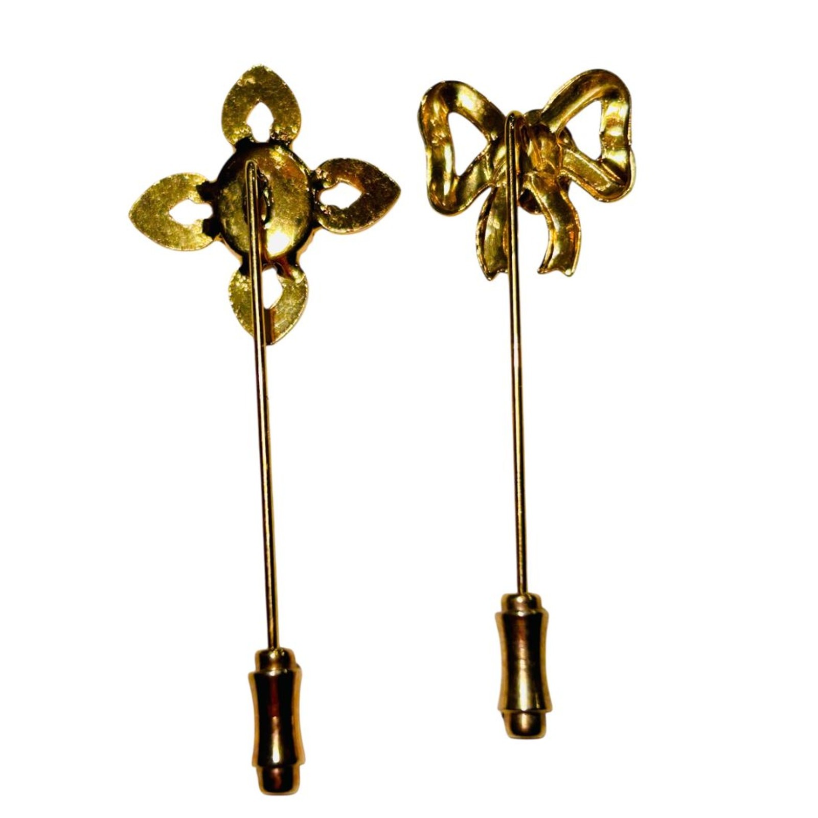 Set of 2 Stick Pins Goldtone Flower Bow Pink Cream Color 2.25″