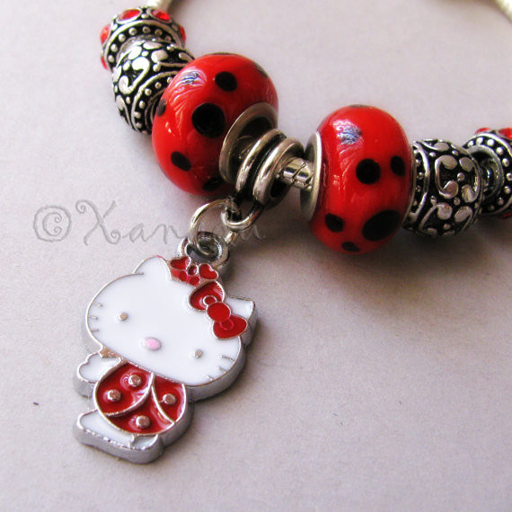 Red Hello Kitty Ladybug European Charm Bracelet With Black And Red Beads