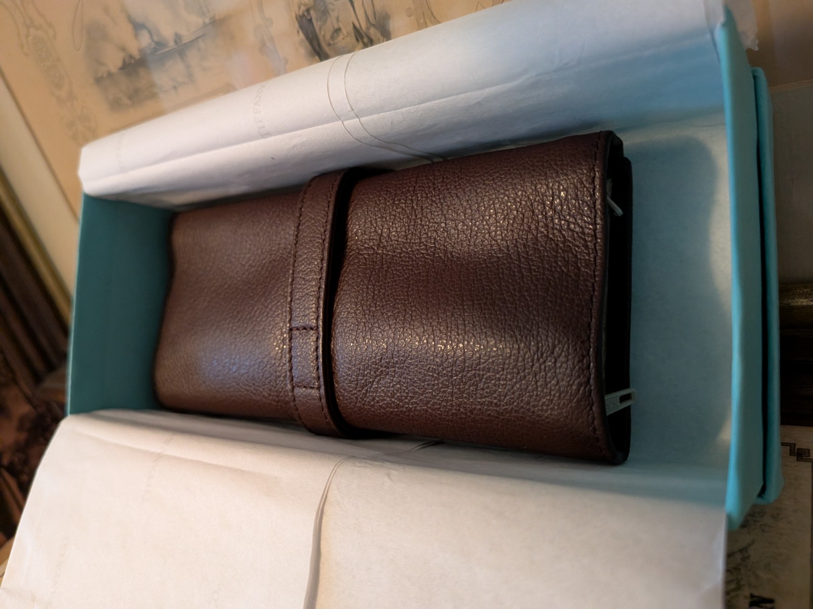 NEW NIB Tiffany & Co. BROWN leather jewelry roll w/ T&Co. box, tissue paper