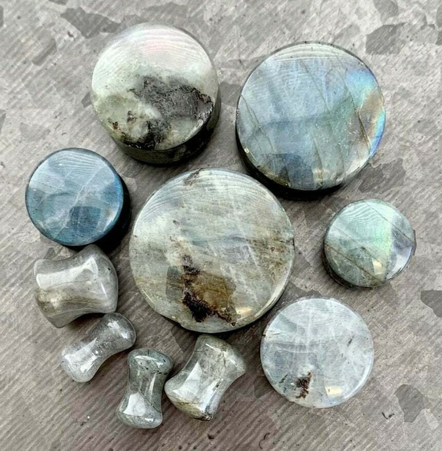 PAIR Labradorite Natural Stone Double Flare Plugs Organic Earlets Gauges