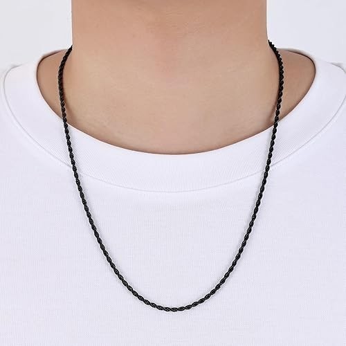 Cadena de cuerda negra para hombre, collar de acero inoxidable