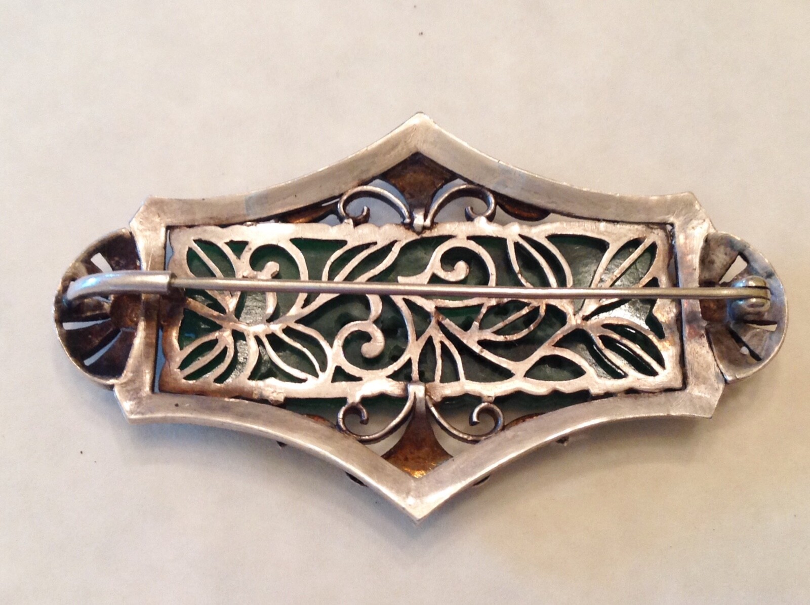 Antique Chinese Export Silver Apple Green Jade / Jadeite Brooch – cd