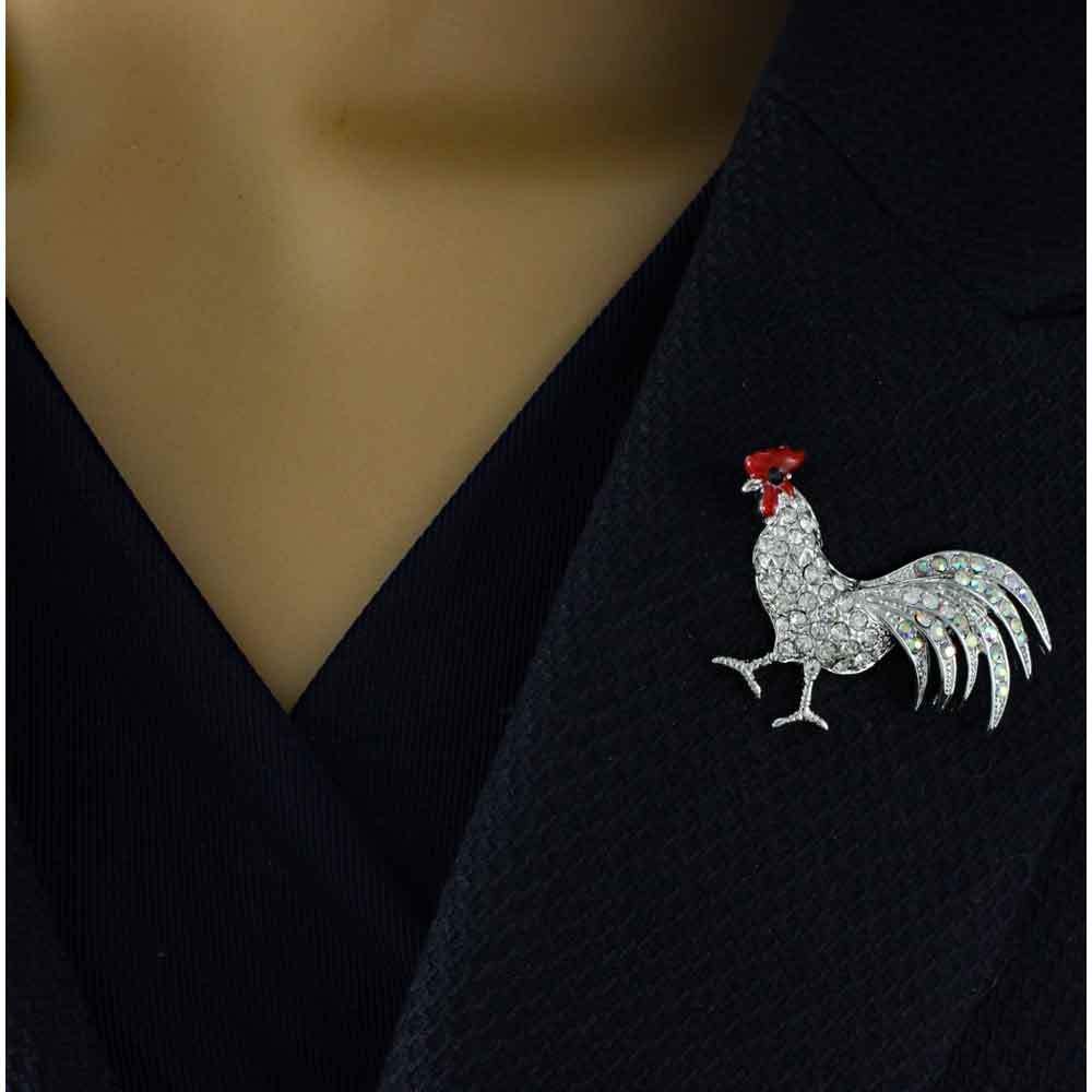 Rooster Brooch Pin with Clear Crystals – PRA509