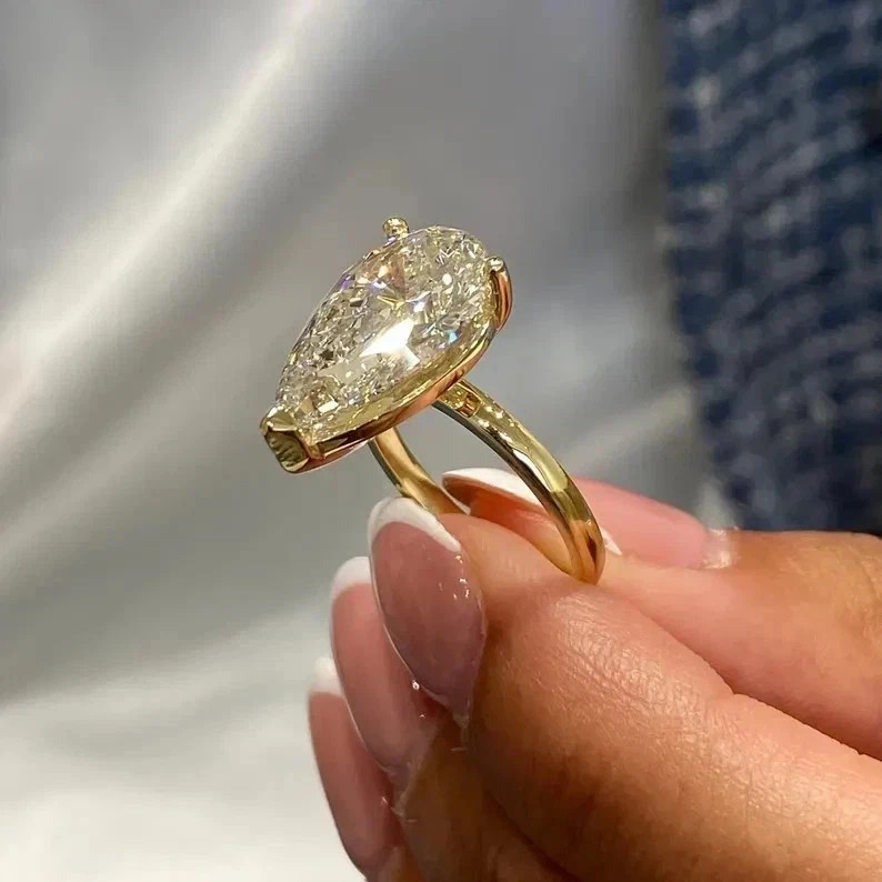 3Ct Pear-Cut VVS1 Moissanite Solitaire Engagement Ring 14K Yellow Gold Plated