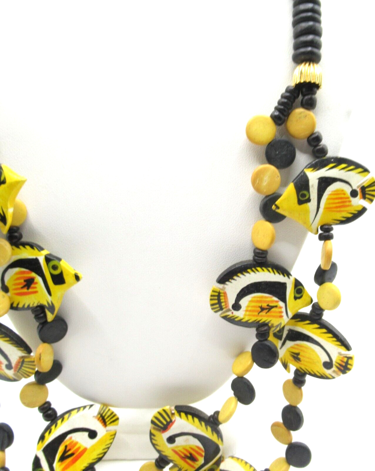 Vintage Wood Carved Fish Necklace Colorful Black Yellow Red Tribal