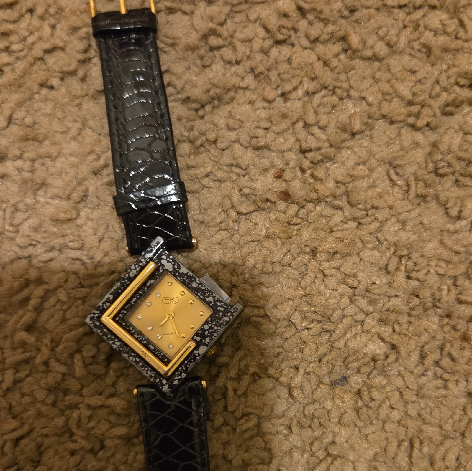 Seiko Women’s Seiko Quartz Square Gold Dial Watch Black Leather Strap
