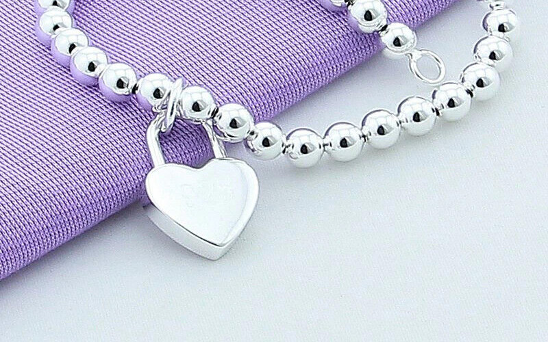 925 Sterling Silver Heart Lock Bead Bracelet 7” long lobster closure