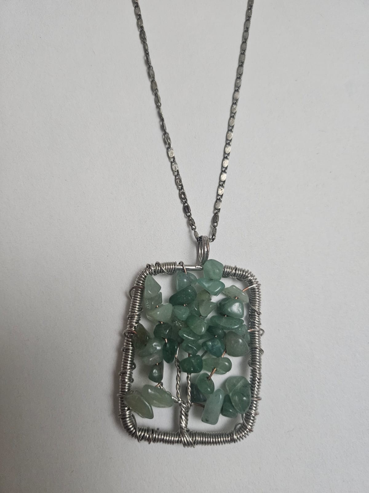 Handmade Tree of Life Wire Wrapped Green Stone Pendant Necklace Silver Tone