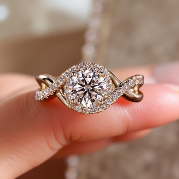 Round Moissanite Twisted Halo Engagement Ring Handmade Bridal Ring