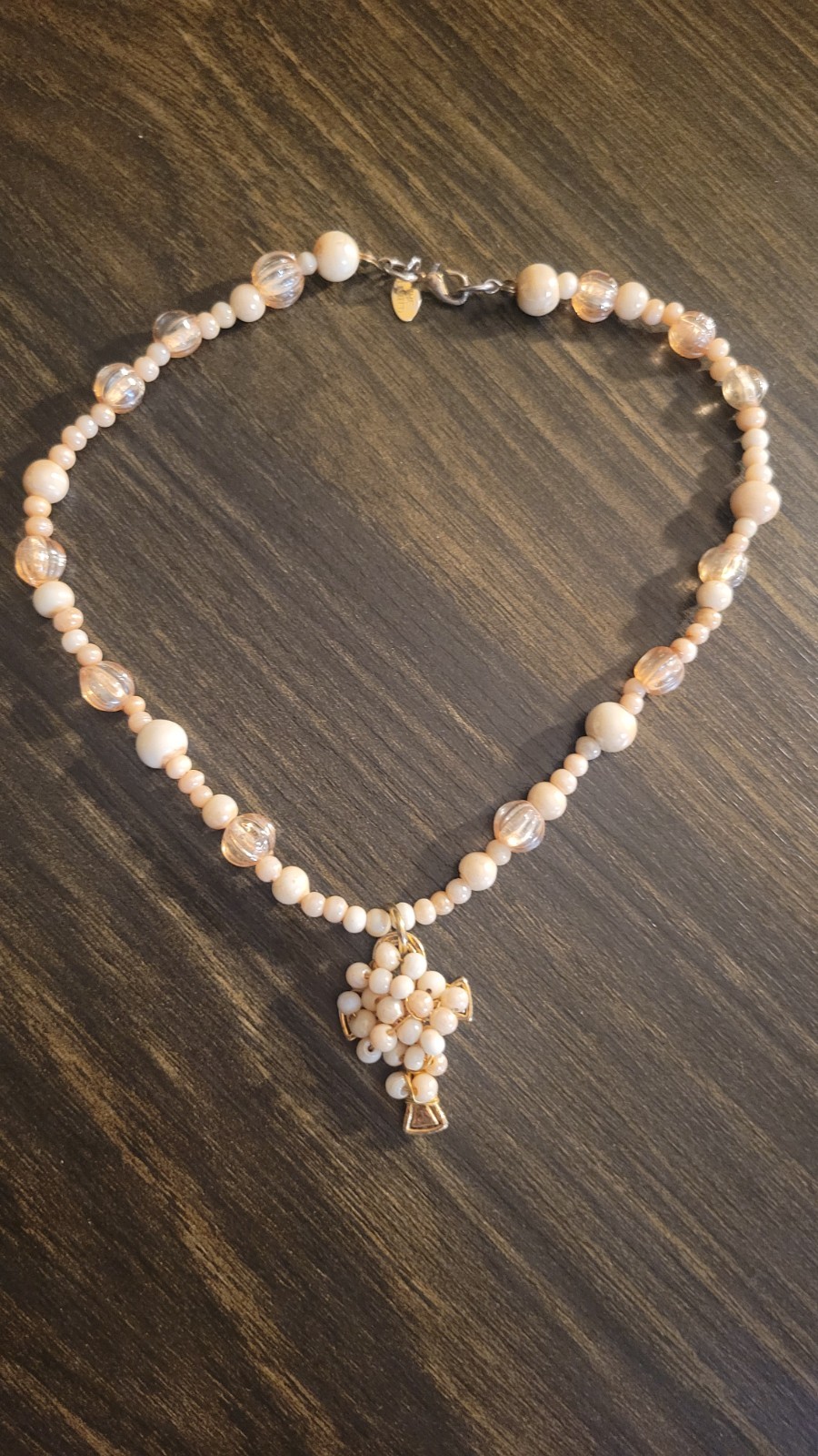 Vintage Cream & Champagne Beaded Necklace with Gold-Tone Cross Pendant