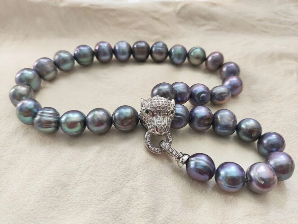 real 11-12MM TAHITIAN SOUTH SEAS BLACK BAROQUE PEARL Necklace 20″ 18″ S925 clasp