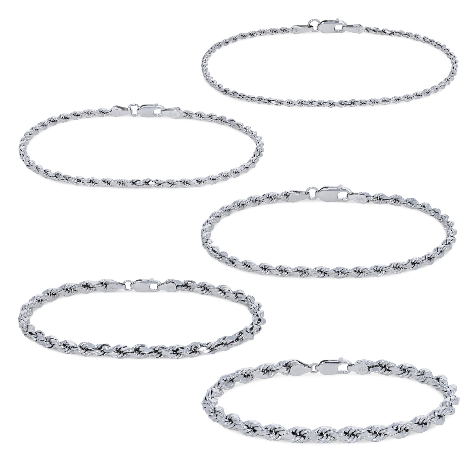 10K White Gold 2mm-5mm Diamond Cut Rope Chain Bracelet Mens Womens 7″ 8″ 9″