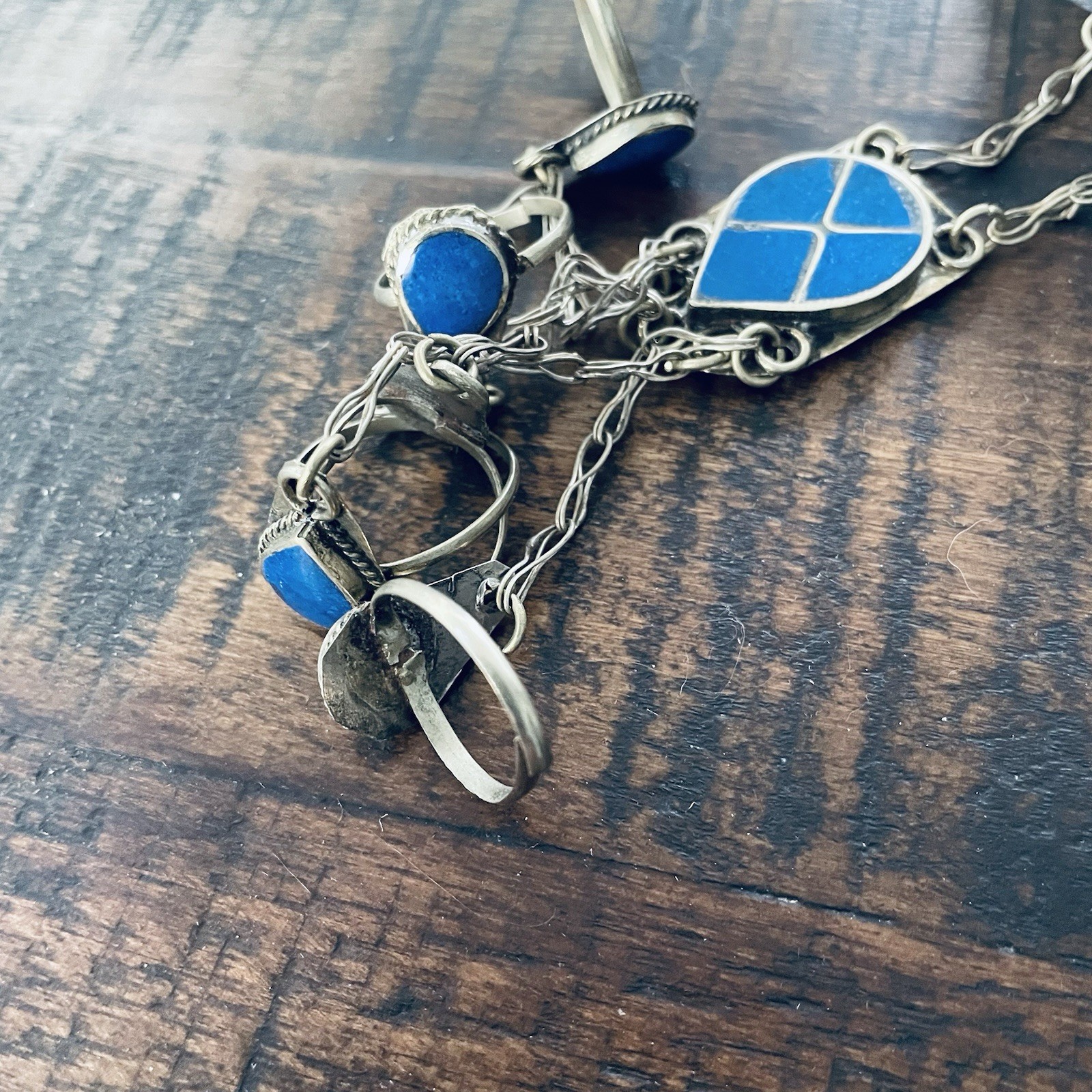 * Vintage Afghan Kuchi Lapis Lazuli Slave Bracelet 5 Finger Ring Panja Cuff 926