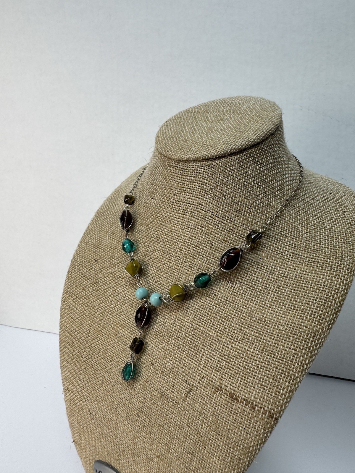 Wire Wrapped Necklace Earthy Brown Green Aqua Blue Glass Y Drop Fairy Whimsical
