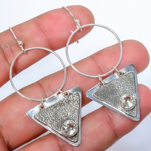 White Topaz Sand Paper Textured 925 Silver Handmade Earring 2.42″ E7323-51