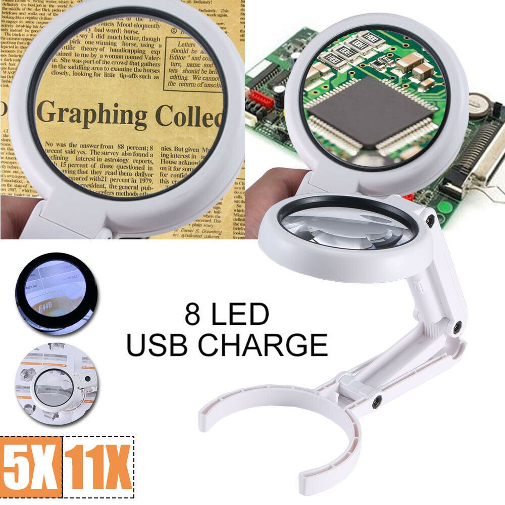Desktop Foldable 5X 11X Lighted Magnifier 8 LED Hands Free Table Stand