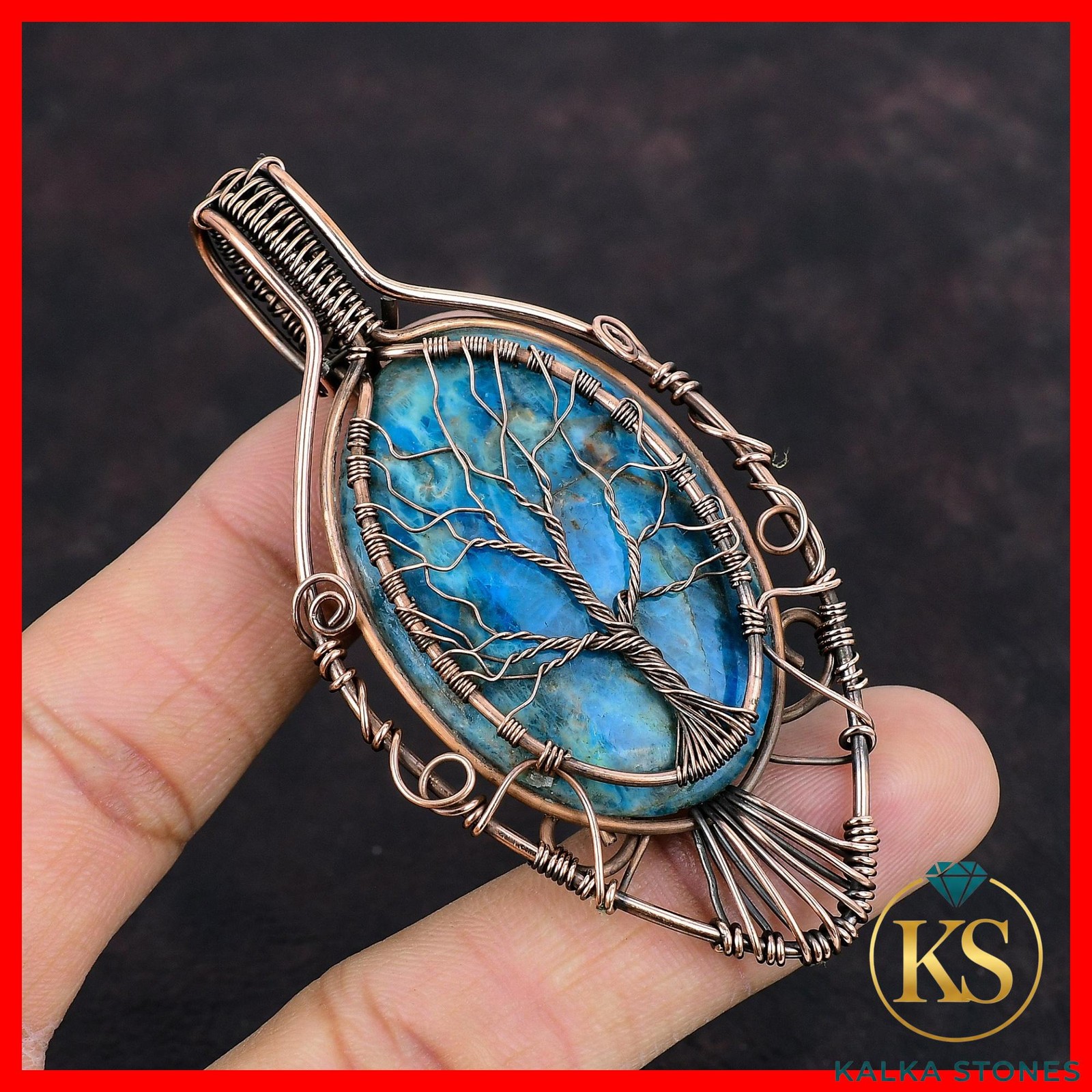 Copper Neon Apatite Gemstone Wire Wrapped Tree Of Life Wedding Pendant Jewelry