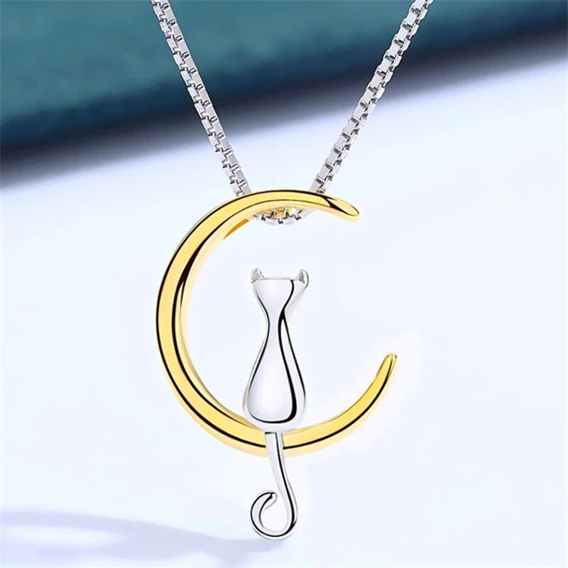 The Cat on The Moon Necklace two tone 925 sterling silver