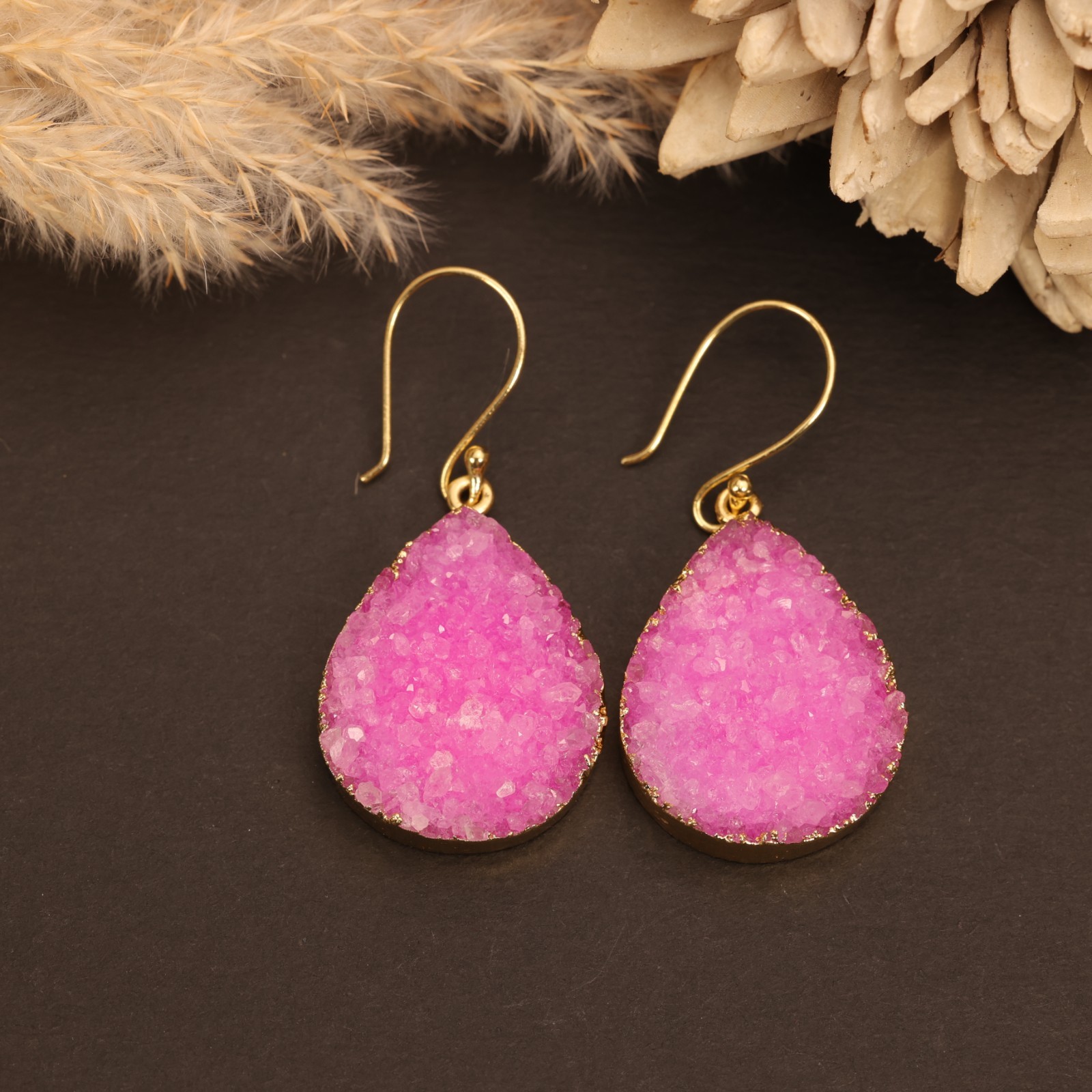 Pink Druzy Dangle Earrings | Gold Plated Brass.