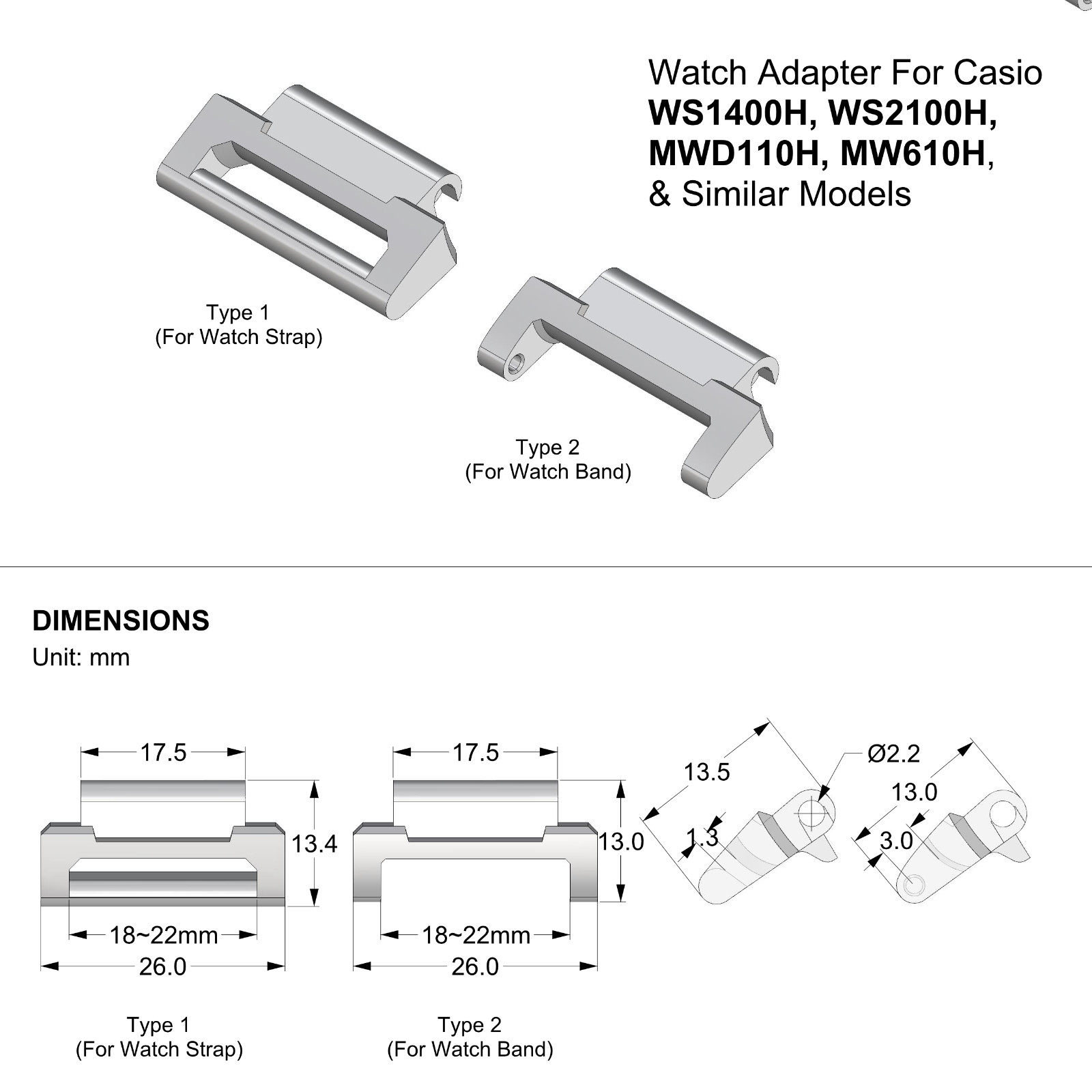 Watch Adapter for Watch Strap or band compatible with Casio MW610H