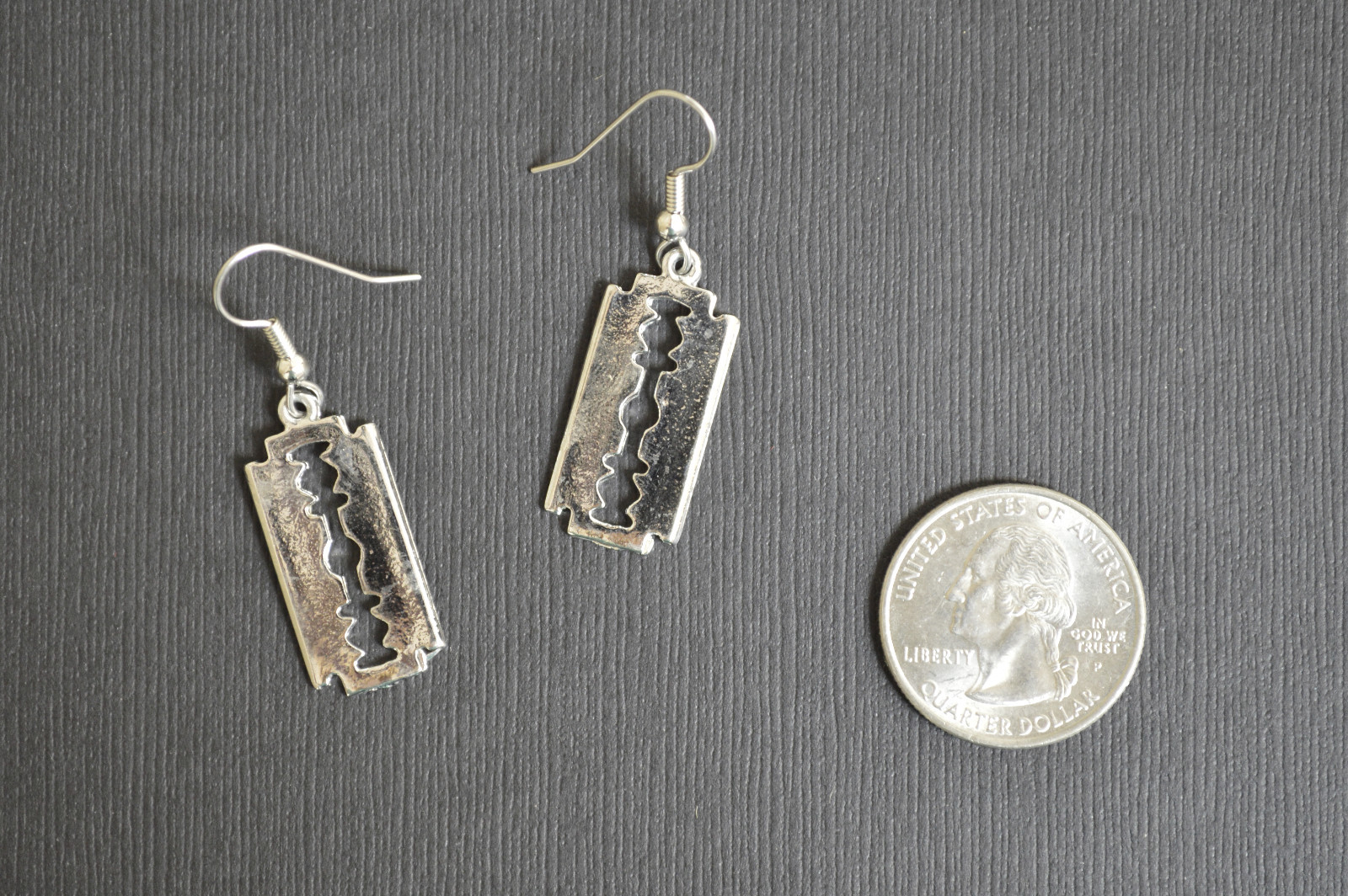 Gothic Razor Blade Dangle Earrings Polished Silver Finish Pewter #984