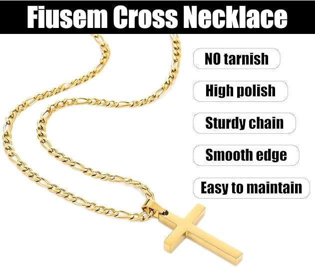 Collar de cruz chapado en oro de 14 quilates para hombre, cadena Figaro de acero