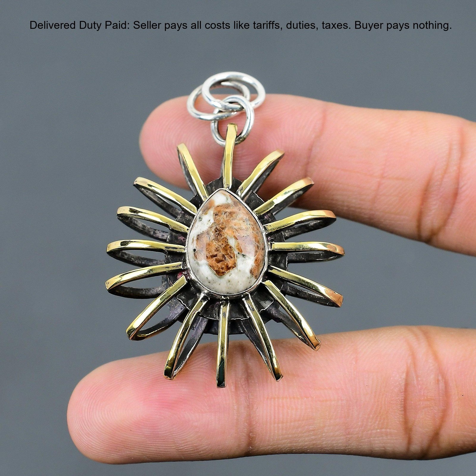 Spessartine Garnet in Limestone Gemstone 925 Silver Cage 18K Gold Plated Pendant