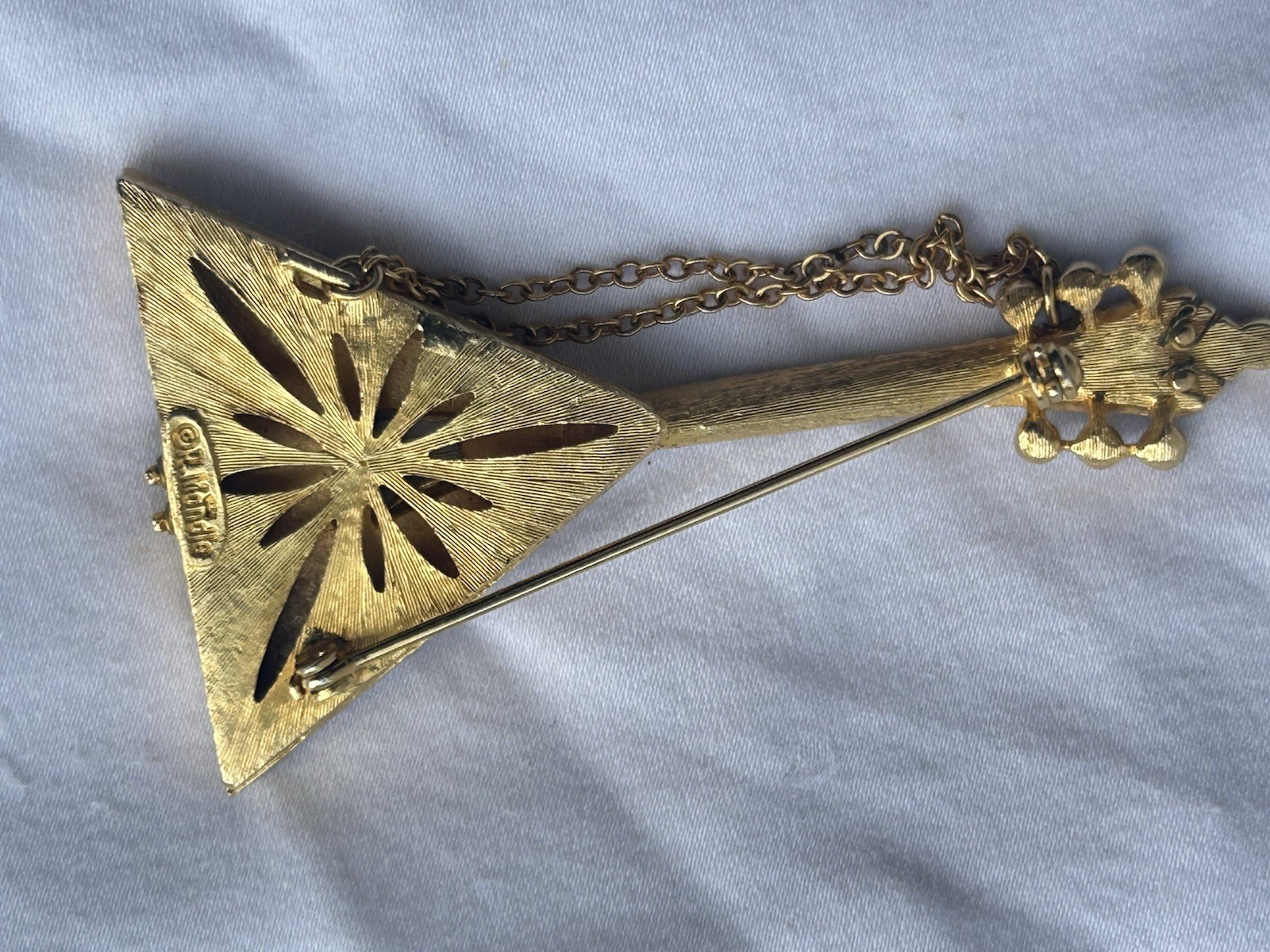 Vintage R Mandle Stamped Russian Balalaika Guitar Brooch Mother Of Pearl Pin MCM
