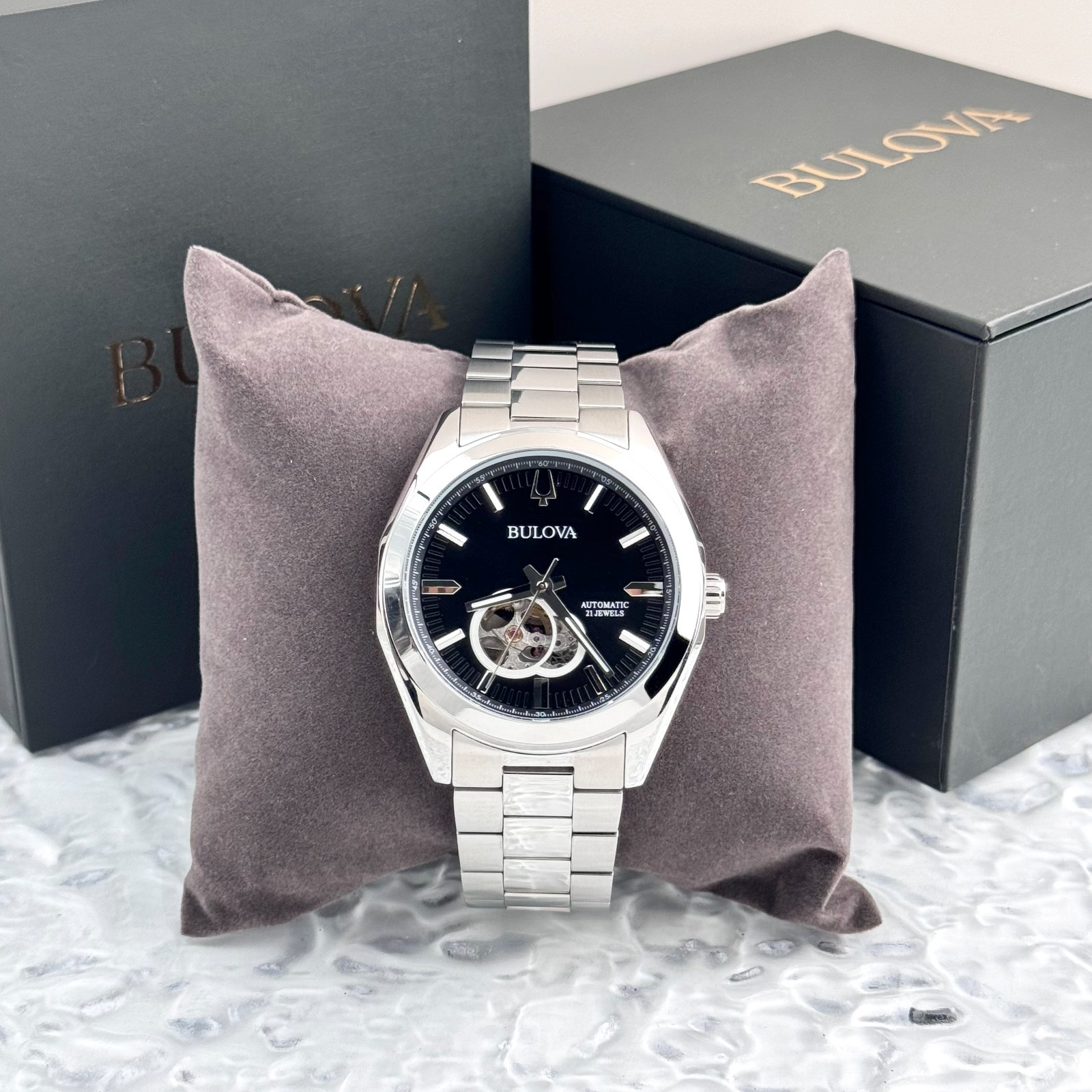 Bulova Classic Surveyor Automatic Black Dial Silver Bracelet Men’s Watch 96A270