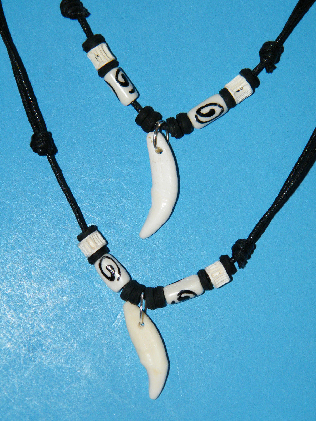White Coyote Tooth Necklace REAL Teeth Black White Beads 16″-28″ Black Cord NEW!