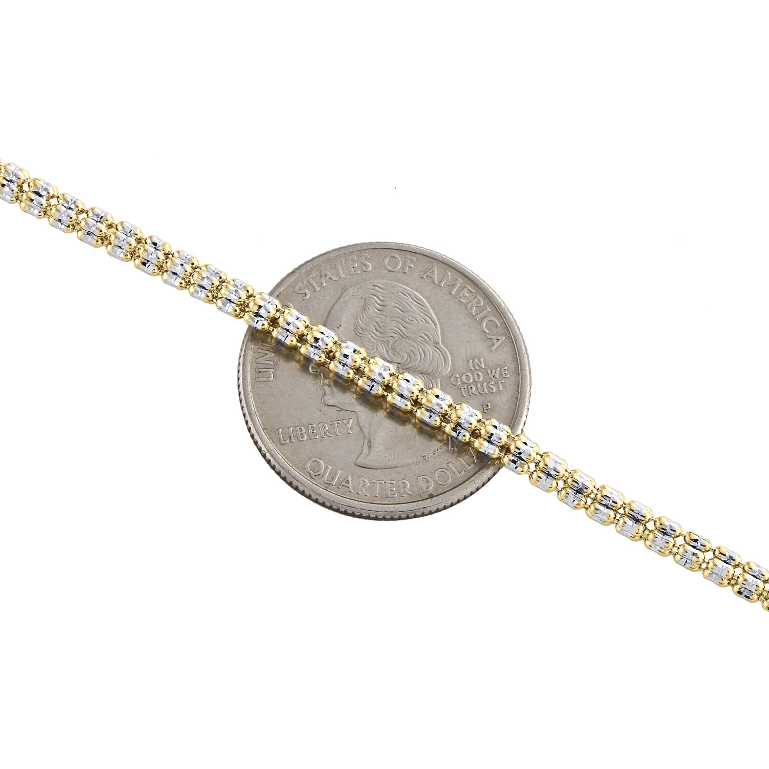 10K Yellow White Gold Two Tone 3mm Diamond Cut Ice Bead Link Bracelet 7-9 Inches