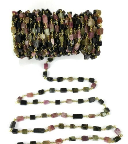 3-10 Feet Natural Multi Tourmaline Square 4X6-5x7mm Beads Rosary Chain Gold Wire