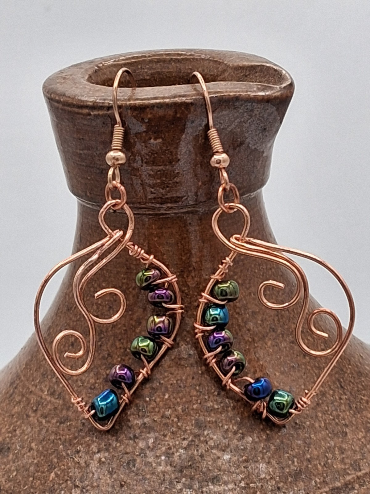 Handcrafted Copper Wire Wrapped Dangle Earrings, Multicolor Glass Beads Earwire