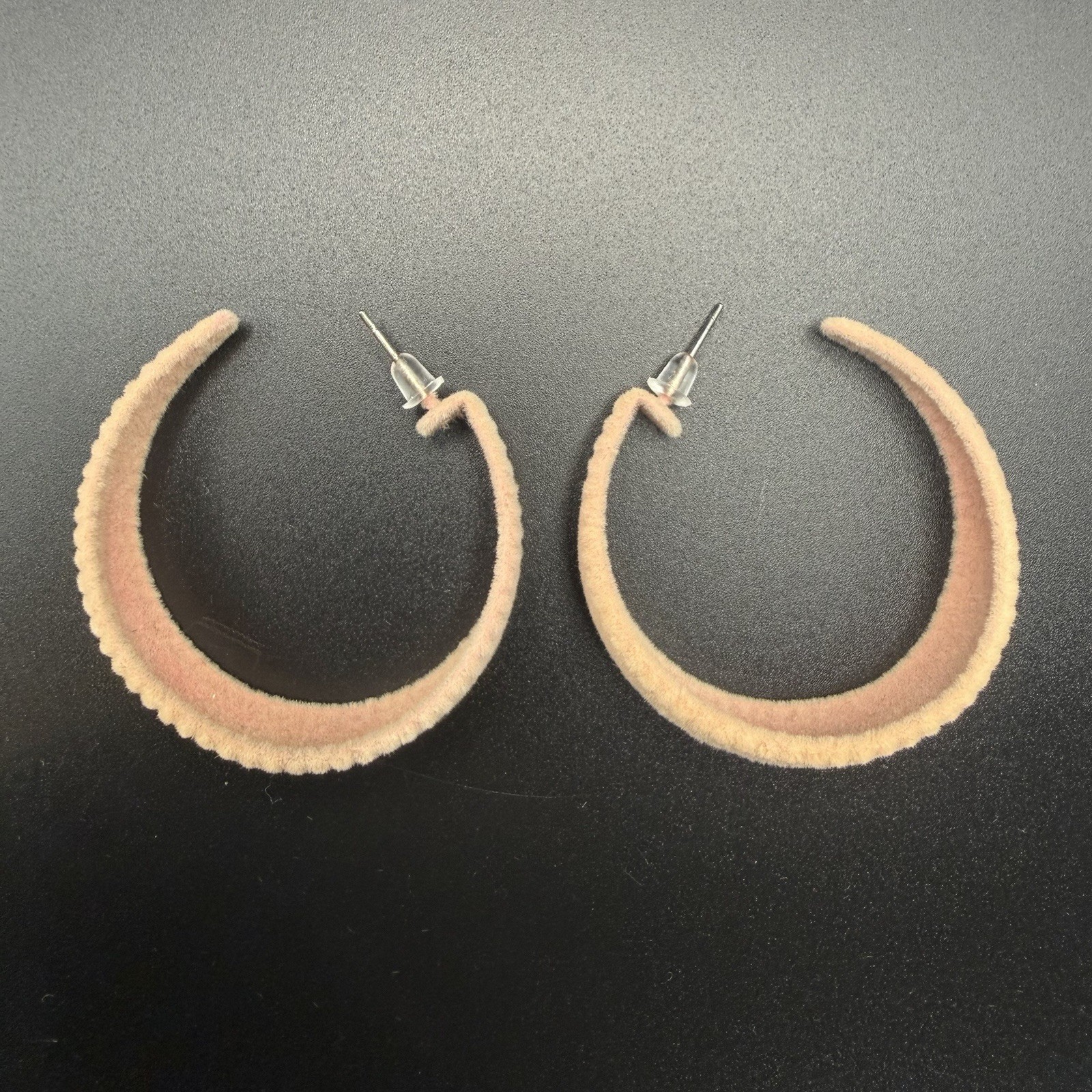 Chunky Velvet Hoop Earrings – Fuzzy Tan Beige Plush Open C Shape Studs Women’s