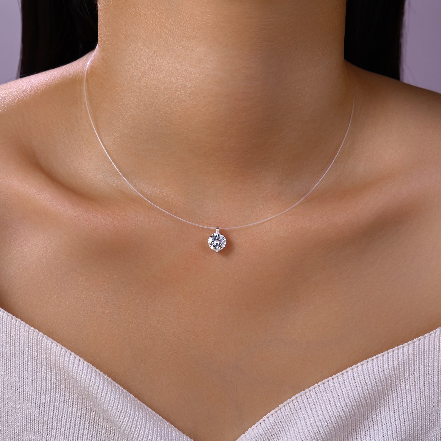 925 Sterling Silver Invisible Necklace Moissanite Solitaire Platinum GRA