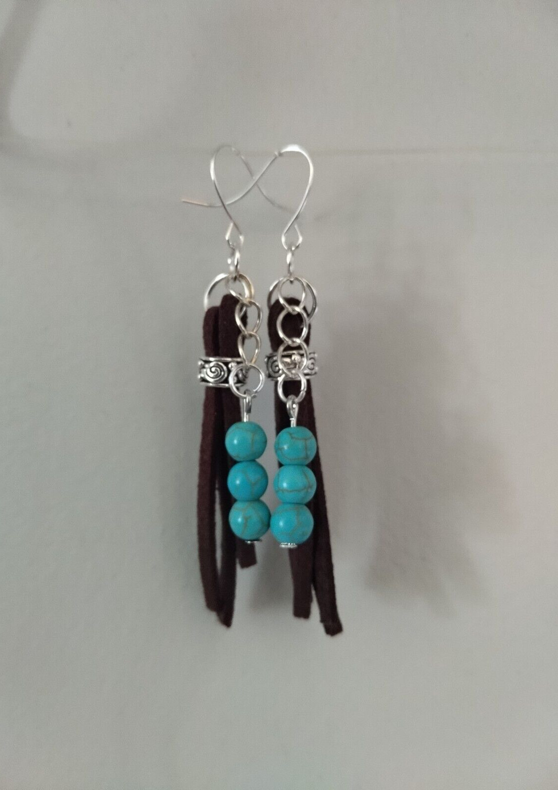 Suede Fringe Tassel Earrings Turquoise Blue Howlite Stone Bead Handmade Cowboy