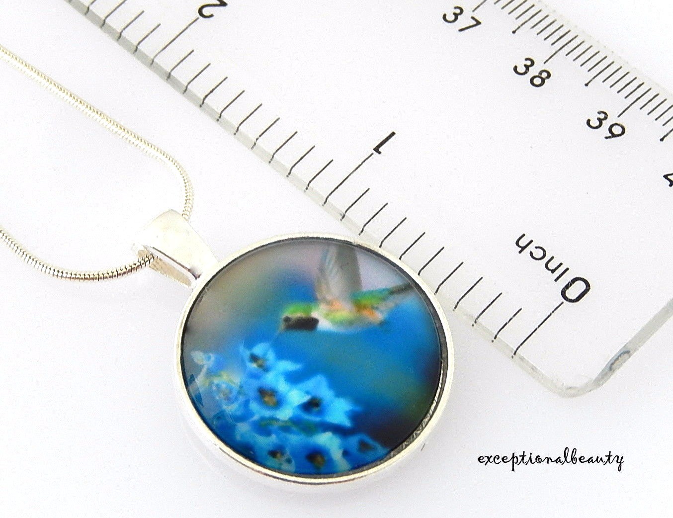 Hummingbird Blossoms Blue Domed Cabochon Glass 20″ Sterling Silver Necklace