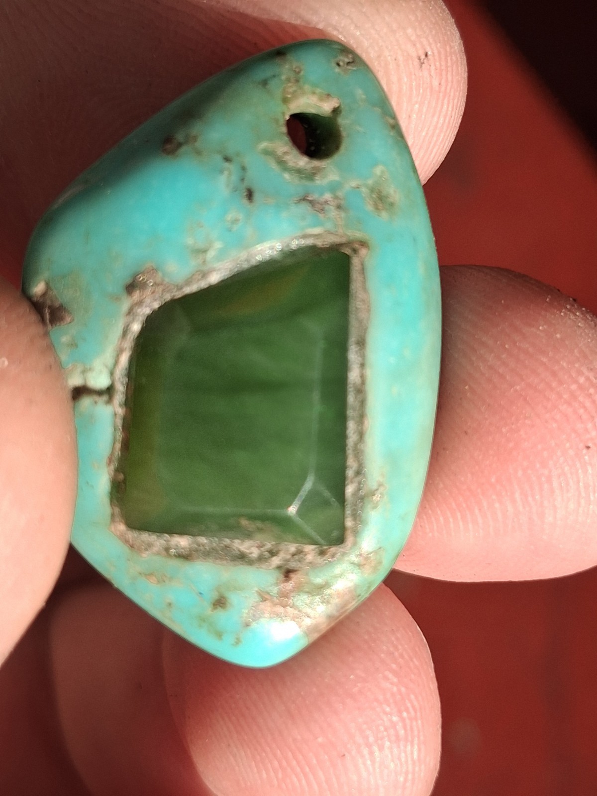 56 Carat Morenci Turquoise With Pyrite And Rose Cut Jade Hole Drilled For…