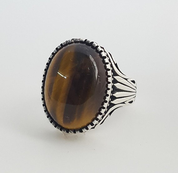 Solid 925 Sterling Silver Natural Tiger’s Eye Oval Gemstone Men’s Unisex Ring