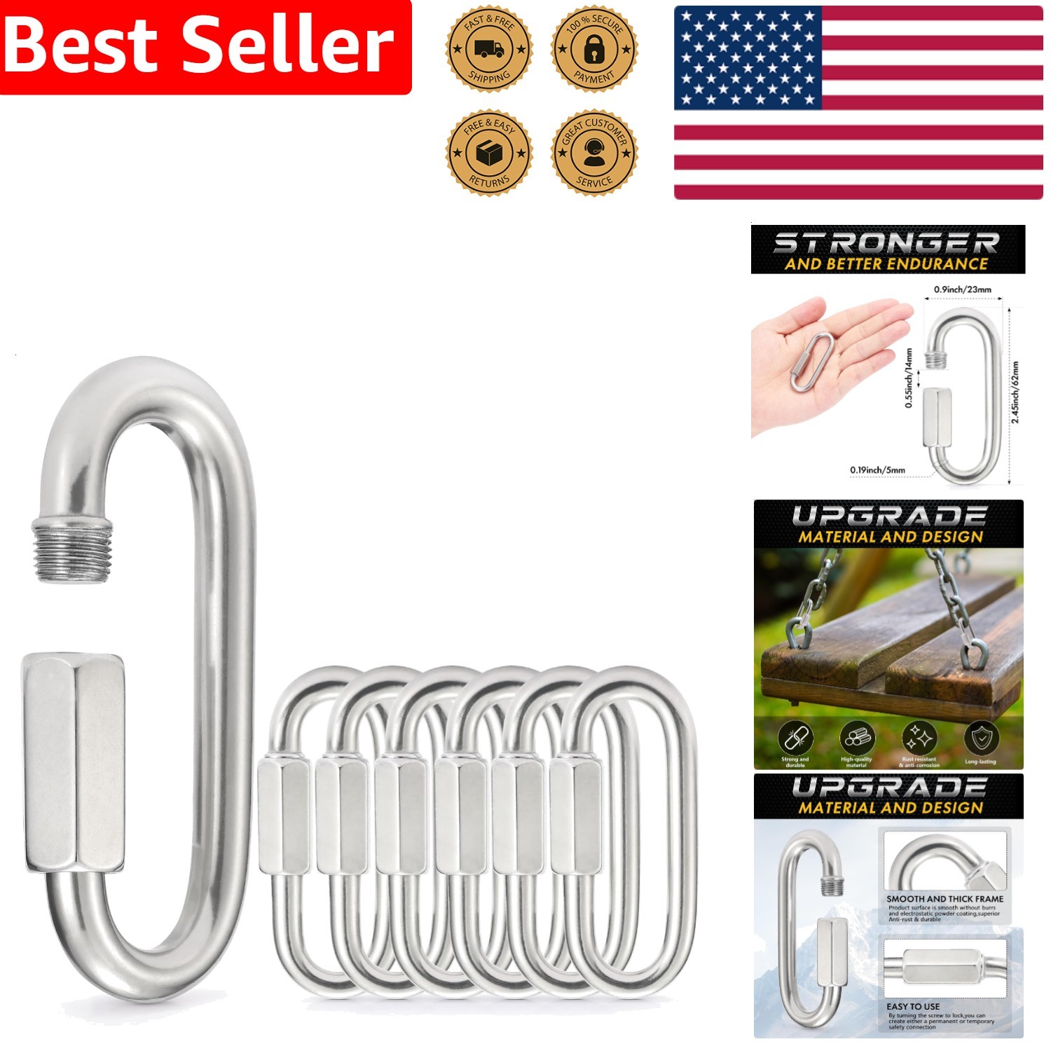 304 Stainless Steel Chain Quick Links Set 6pc Screw Lock Carabiner Heavy Duty