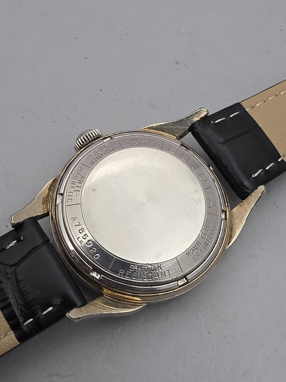 Vintage Bulova 23 “A” Men’s automatic watch 10K RGP Black Sunburst dial 1955