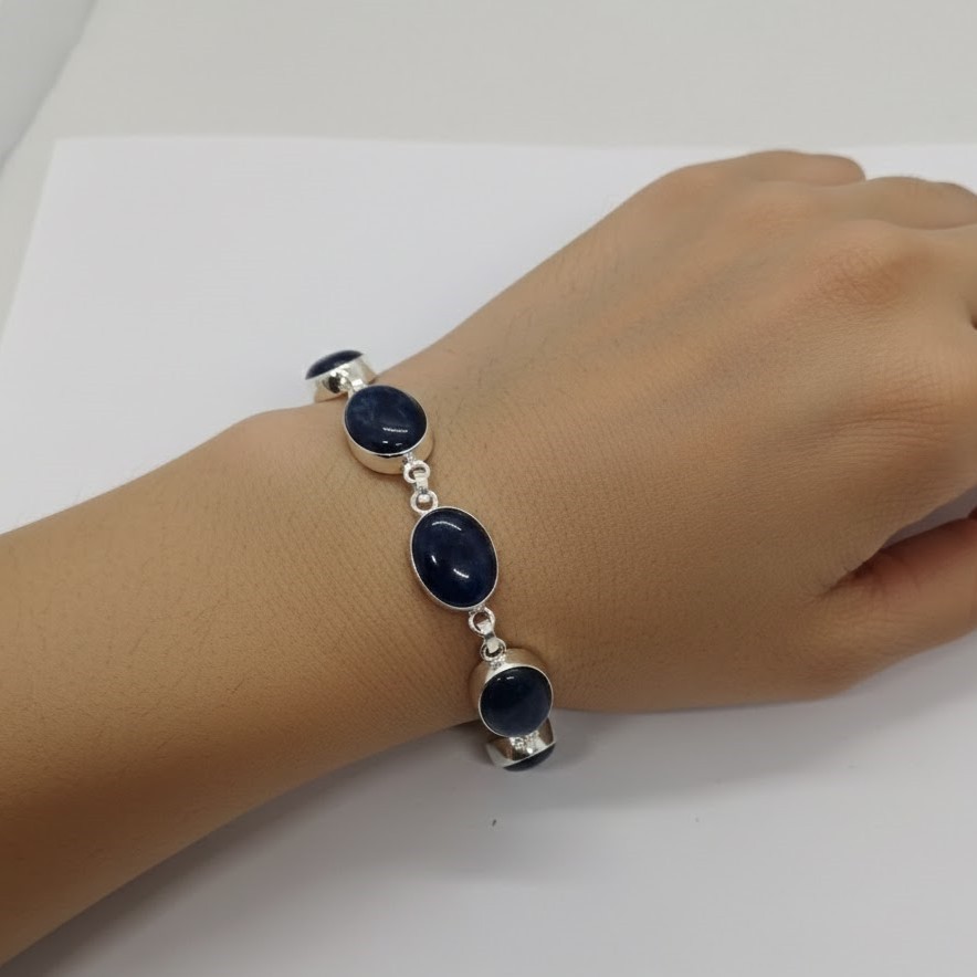 Sodalite Bracelet in Sterling Silver, Handmade Crystal Healing, Natural Blue Gem