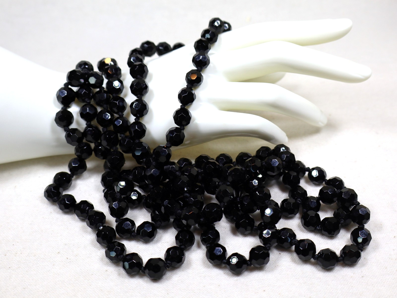 Vintage Art Deco French Jet Necklace 74″ Inch Length Faceted Black Beads