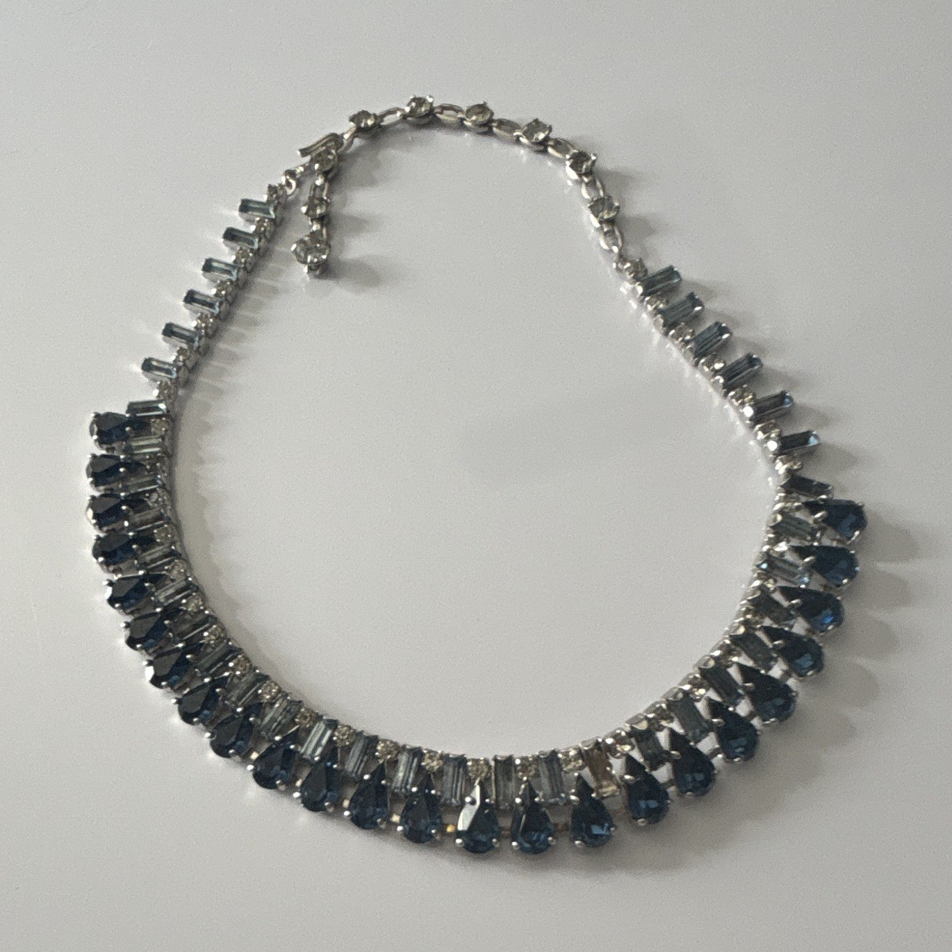 Silver Tone Blue Crystal Rhinestone Tennis Necklace Lobster Adjustable