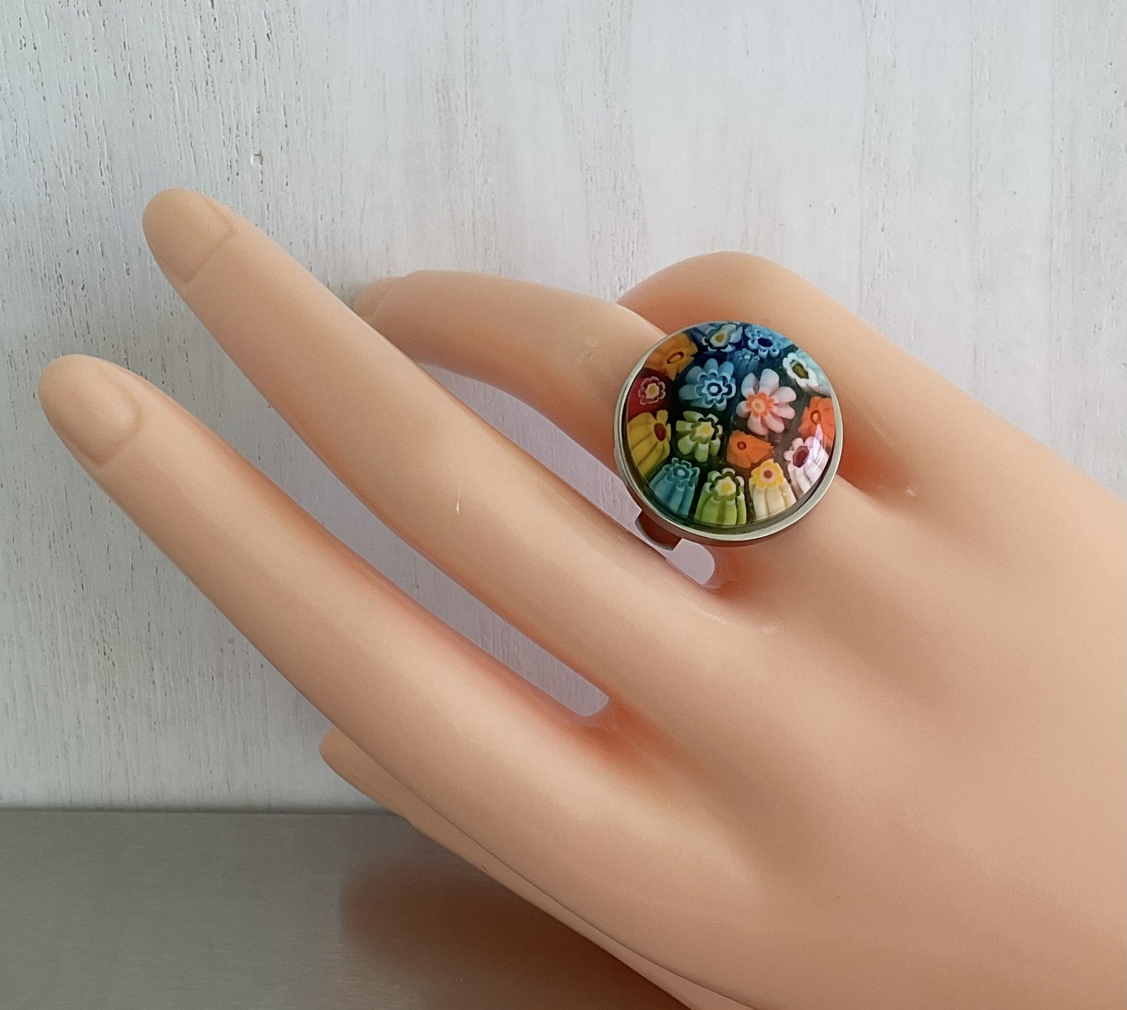 Multi Color Round Murano Millefiori Style Glass Ring Stainless Steel SZ 6, 9, 10