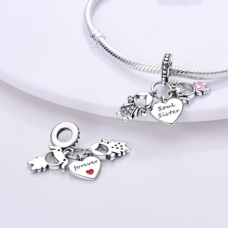 MULA Original Sisters Love Pendant DIY Charm CZ Fit Bracelet 925 Silver Plated