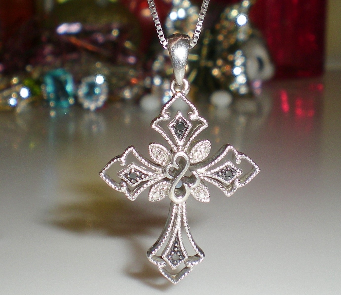 Jane Seymour SS Open Hearts Gothic CROSS 1/6ct Diamond Necklace 💎 KAY BOX 💎