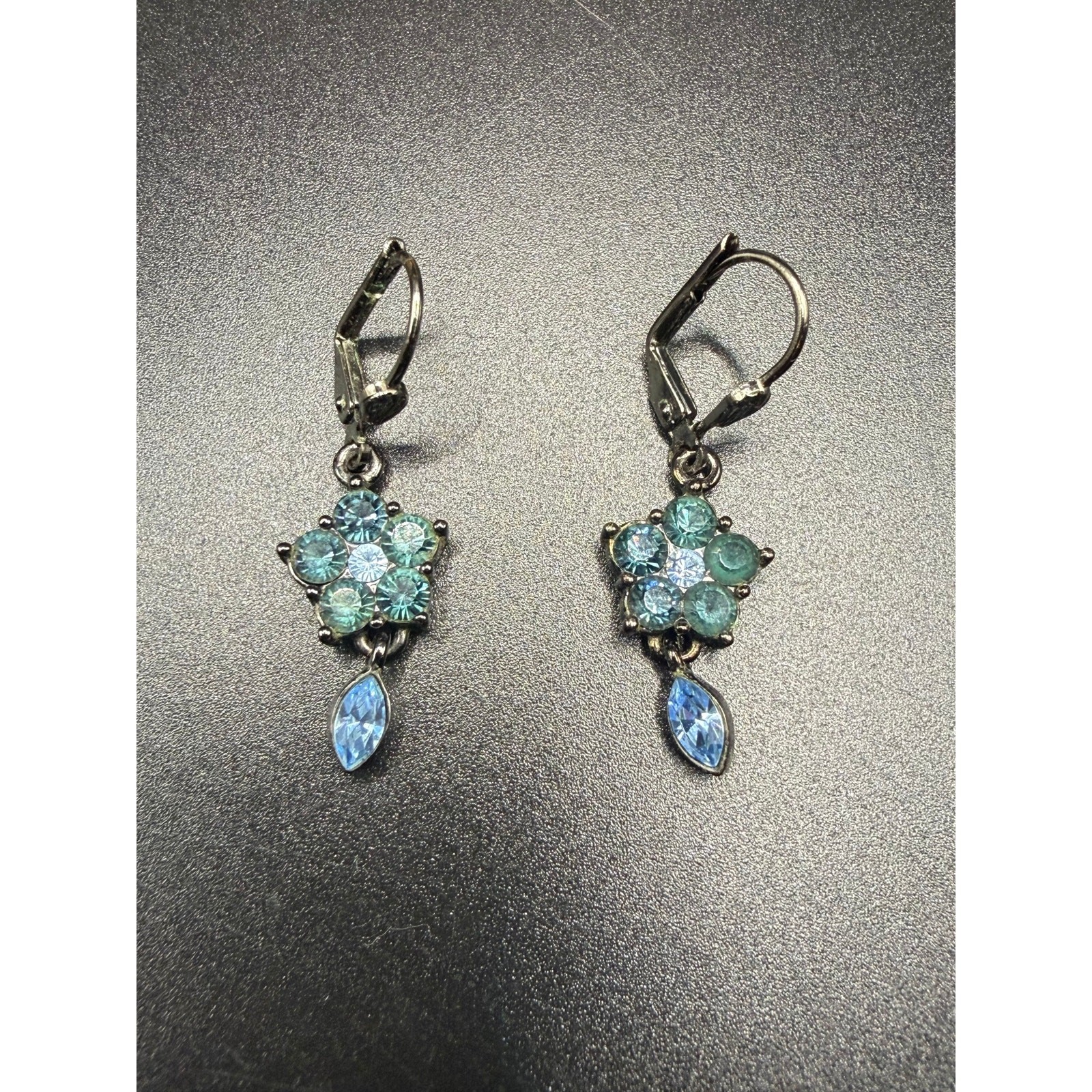 Vintage Givenchy blue rhinestone flower drop earrings dark silver-tone finish