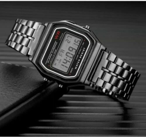 CLASSIC DIGITAL RETRO WATCH F-91W STYLE SPORT ALARM GOLD SILVER BLACK GIFT