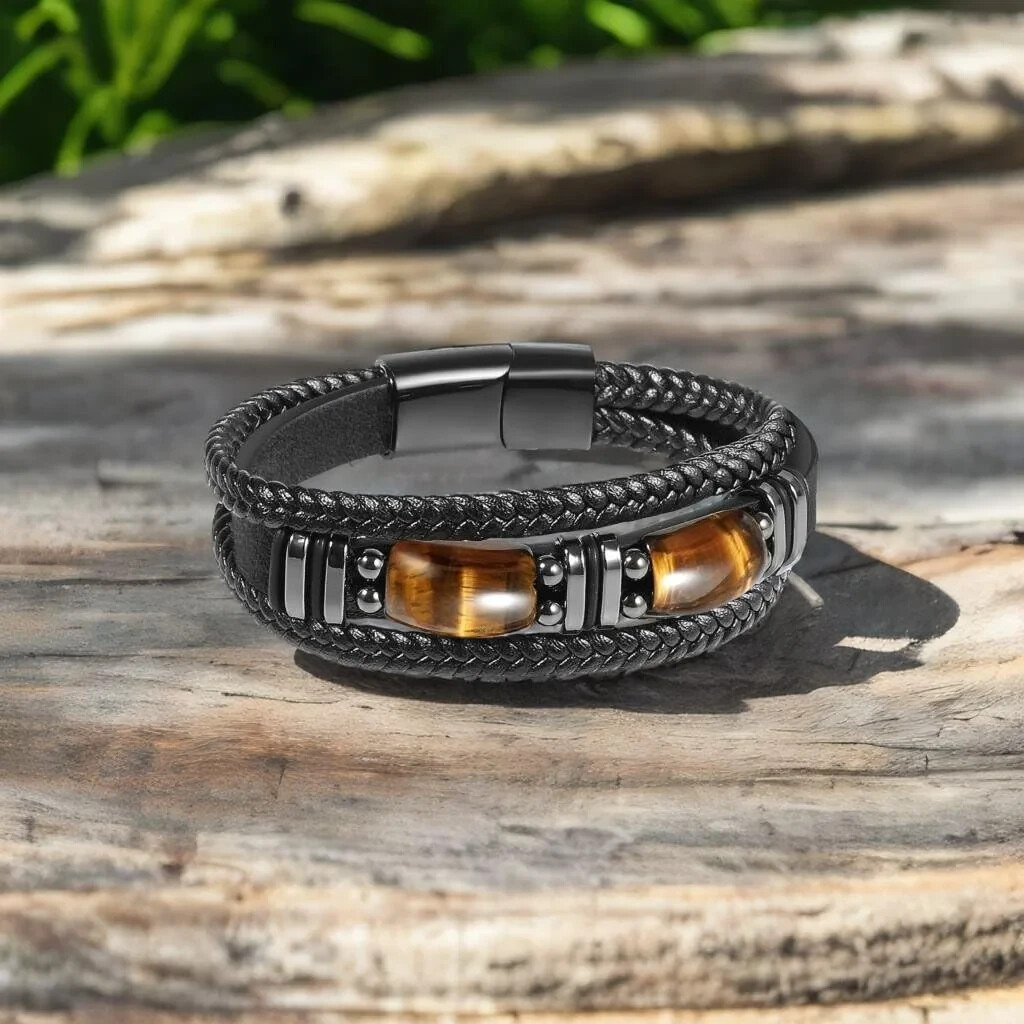 Tiger Eye Black Leather Bracelet Men Energy Crystal Stone Healing Reiki Gift